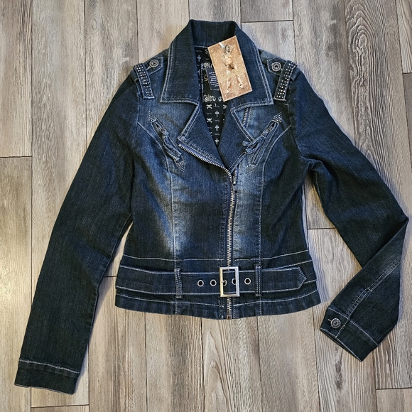 NEW Vintage Y2K ★ SUKO Jeans ★ AMAZING Zipper Jean Jacket with Black Rhinestones - Picture 5 of 17